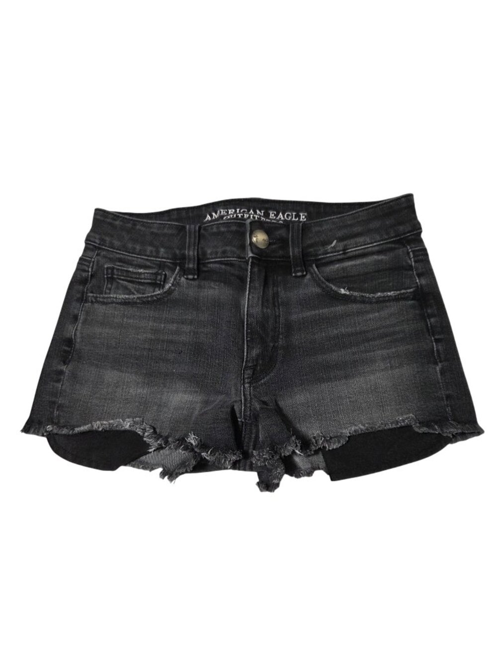 American Eagle Hi Rise Shortie Jeans Shorts Womens Size 0 Black Denim Frayed Hem